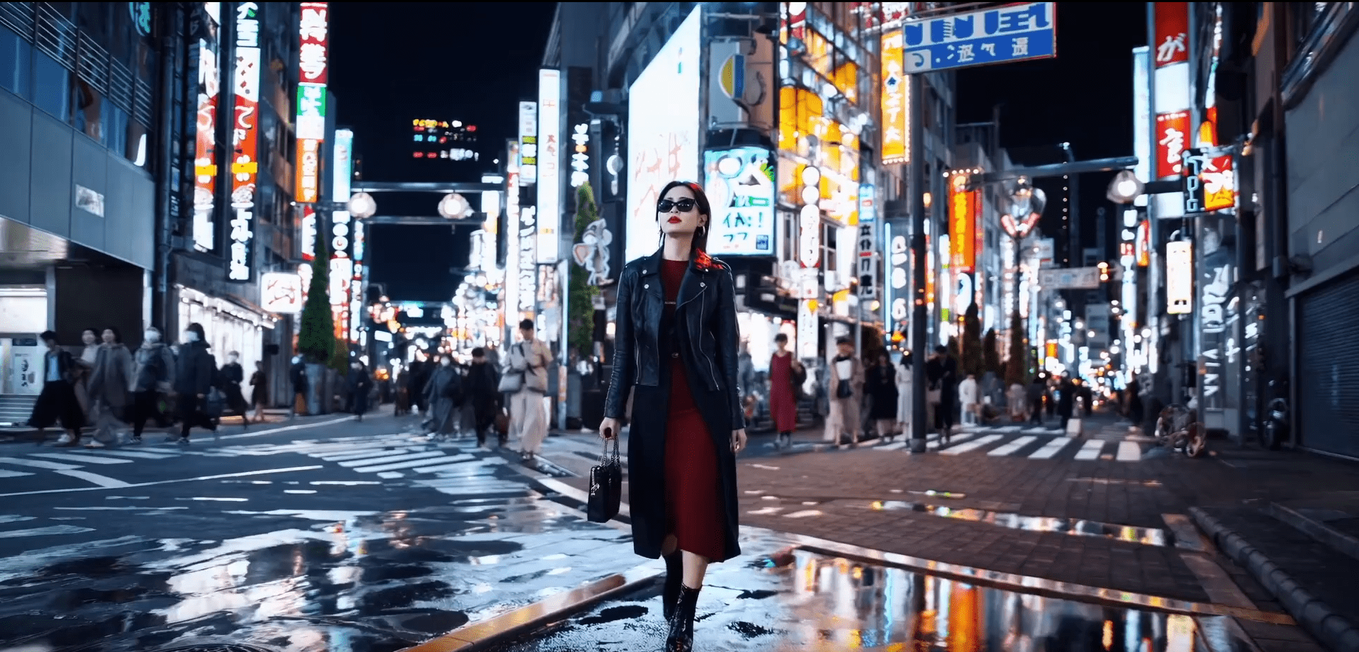 Prompt: A stylish woman walks down a Tokyo street filled with warm glowing neon and animated city signage. She wears a black leather jacket, a long red dress, and black boots, and carries a black purse. She wears sunglasses and red lipstick. She walks confidently and casually. The street is damp and reflective, creating a mirror effect of the colorful lights. Many pedestrians walk about.